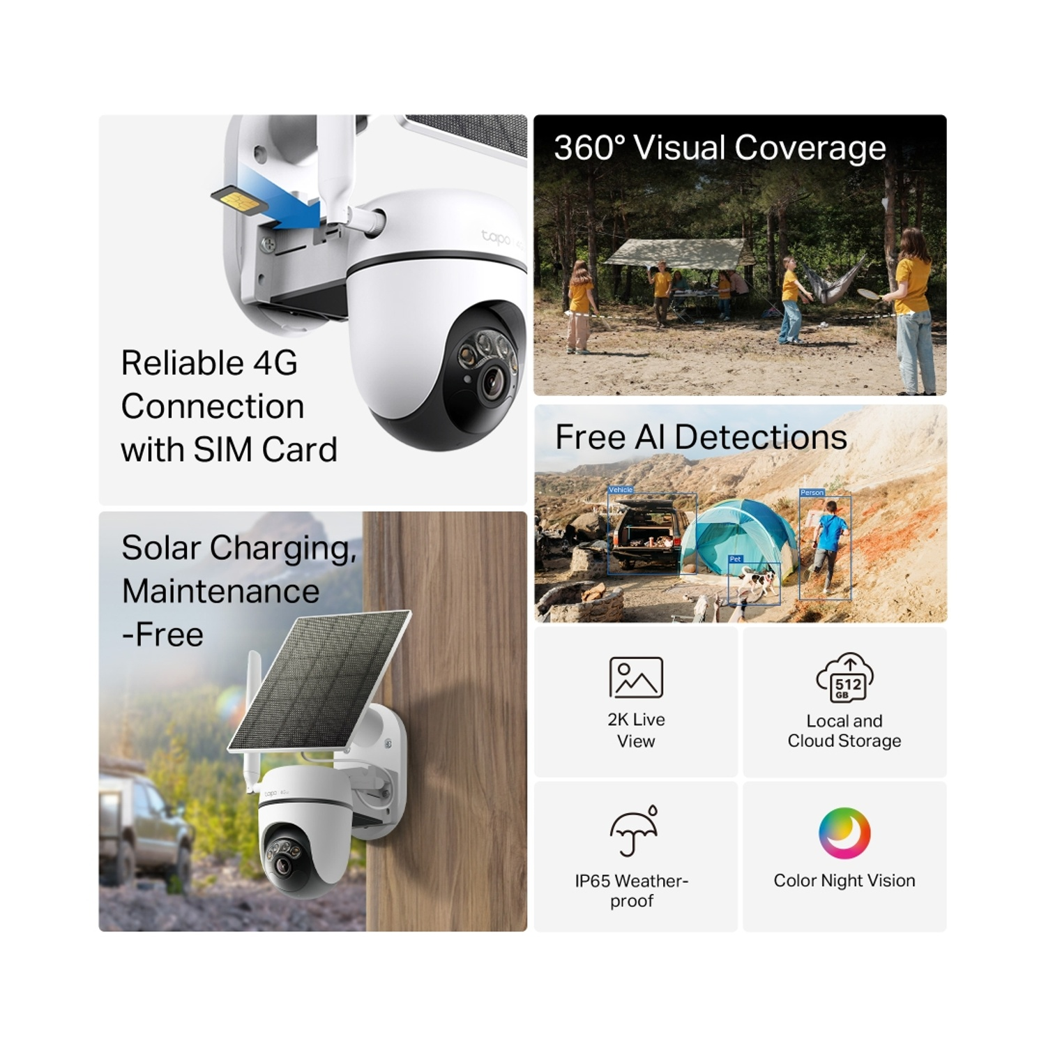 Telecamera di sicurezza con SIM 4G, solare, vista 360, rilevamento AI, 2K, IP65.