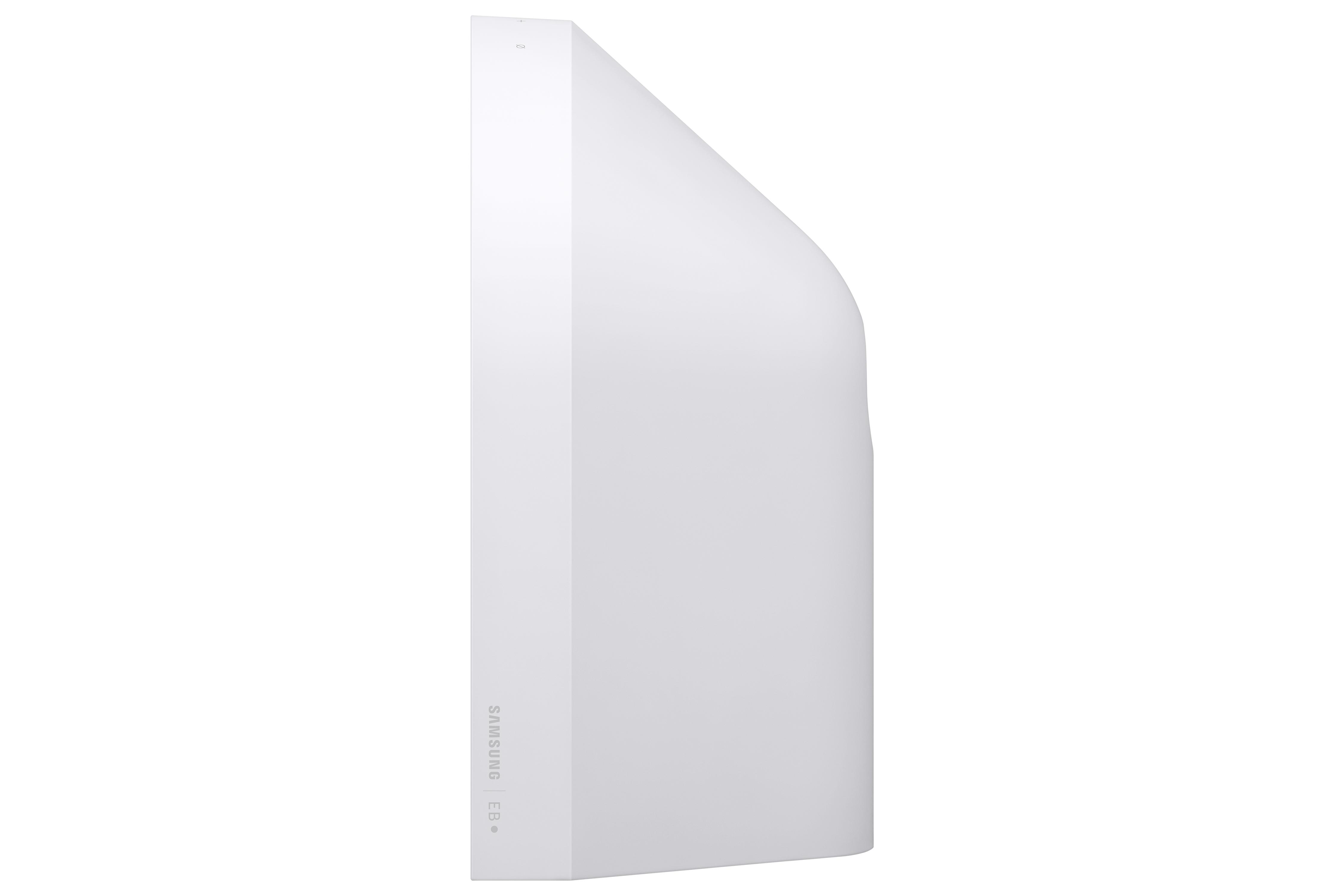 Ein weißes Samsung EB-Gerät mit einer glatten, abgeschrägten Seite steht auf weißem Hintergrund.