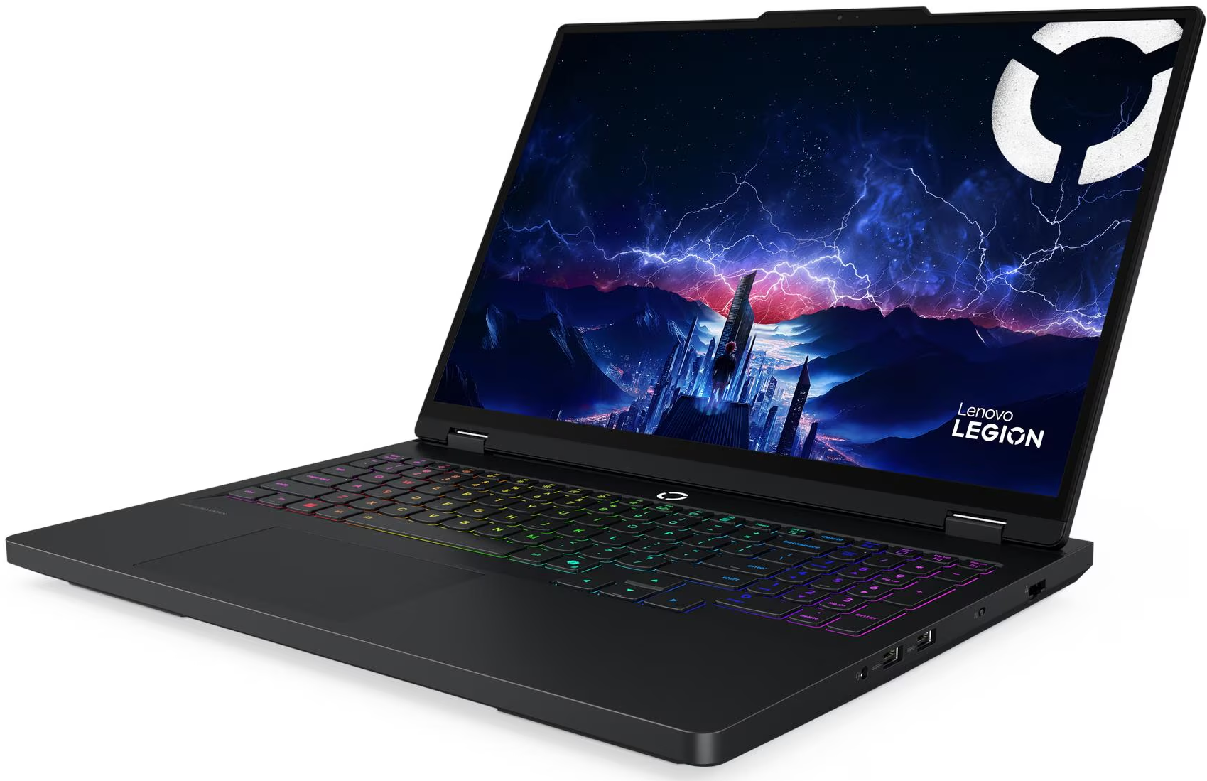 Egy fekete Lenovo Legion laptop világító billentyűzettel és futurisztikus grafikával.