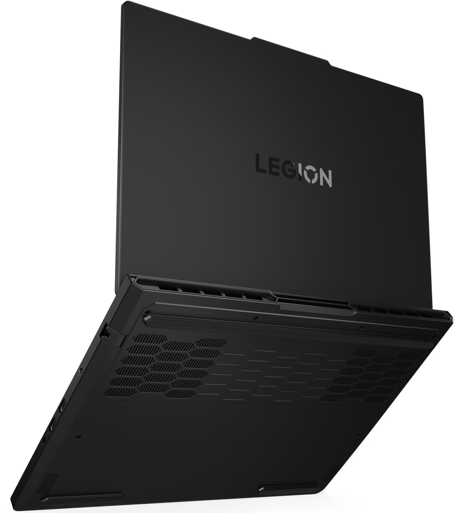 Fekete laptop oldalra fektetve, "LEGION" logóval a fedélen.