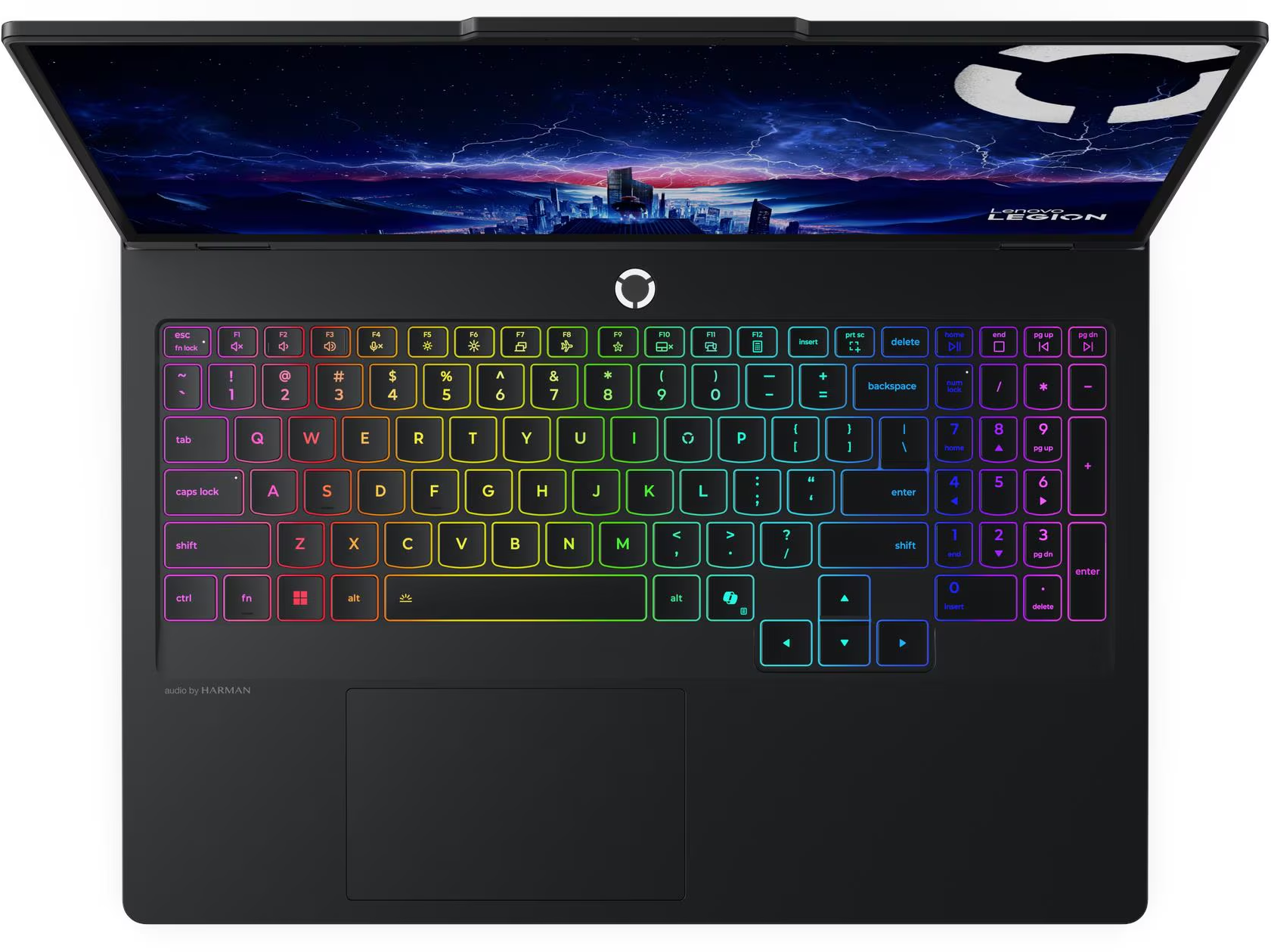 Fekete Lenovo Legion laptop felülnézetben, színes, háttérvilágítású billentyűzettel.