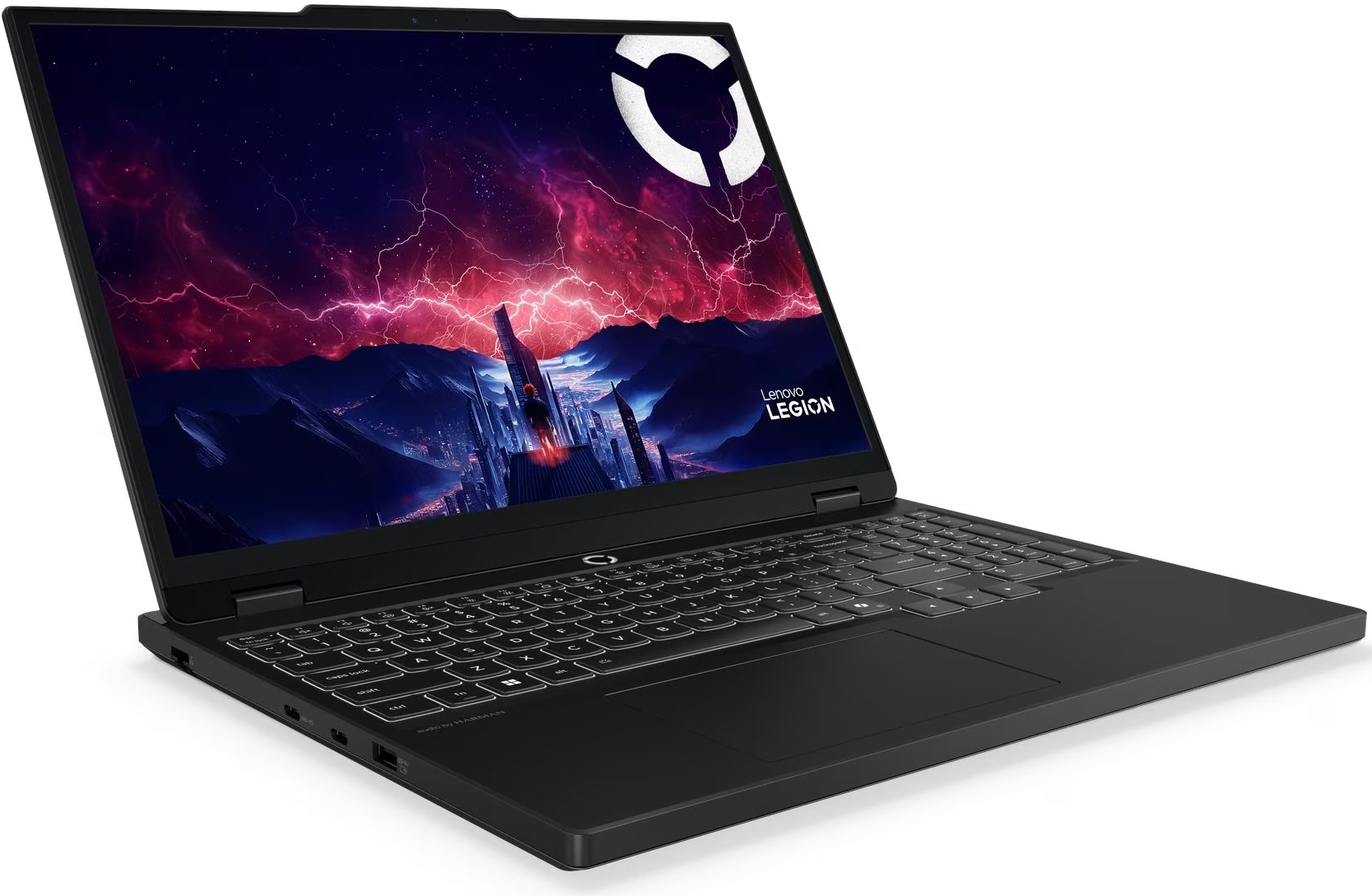 Fekete laptop világító billentyűzettel és futurisztikus asztali háttérrel.