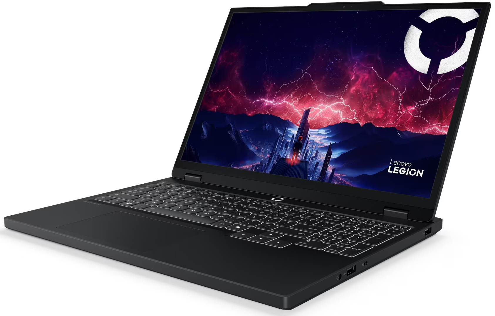 Fekete laptop világító billentyűzettel és futurisztikus háttérképpel.