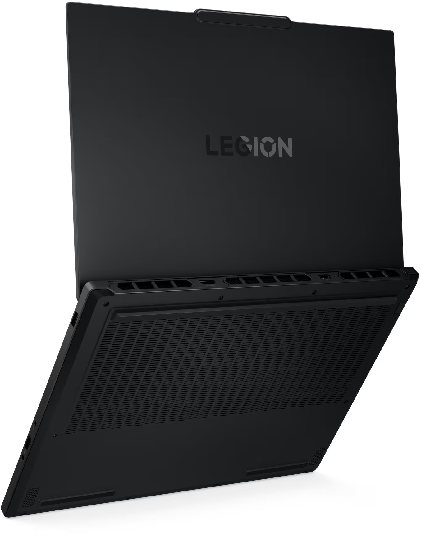 Fekete "LEGION" feliratú laptop, nyitott állapotban, alulról nézve.