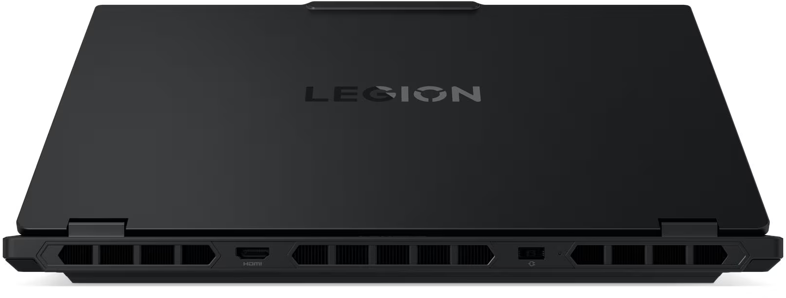 Zárt fekete laptop 'Legion' logóval és hátoldali csatlakozókkal.