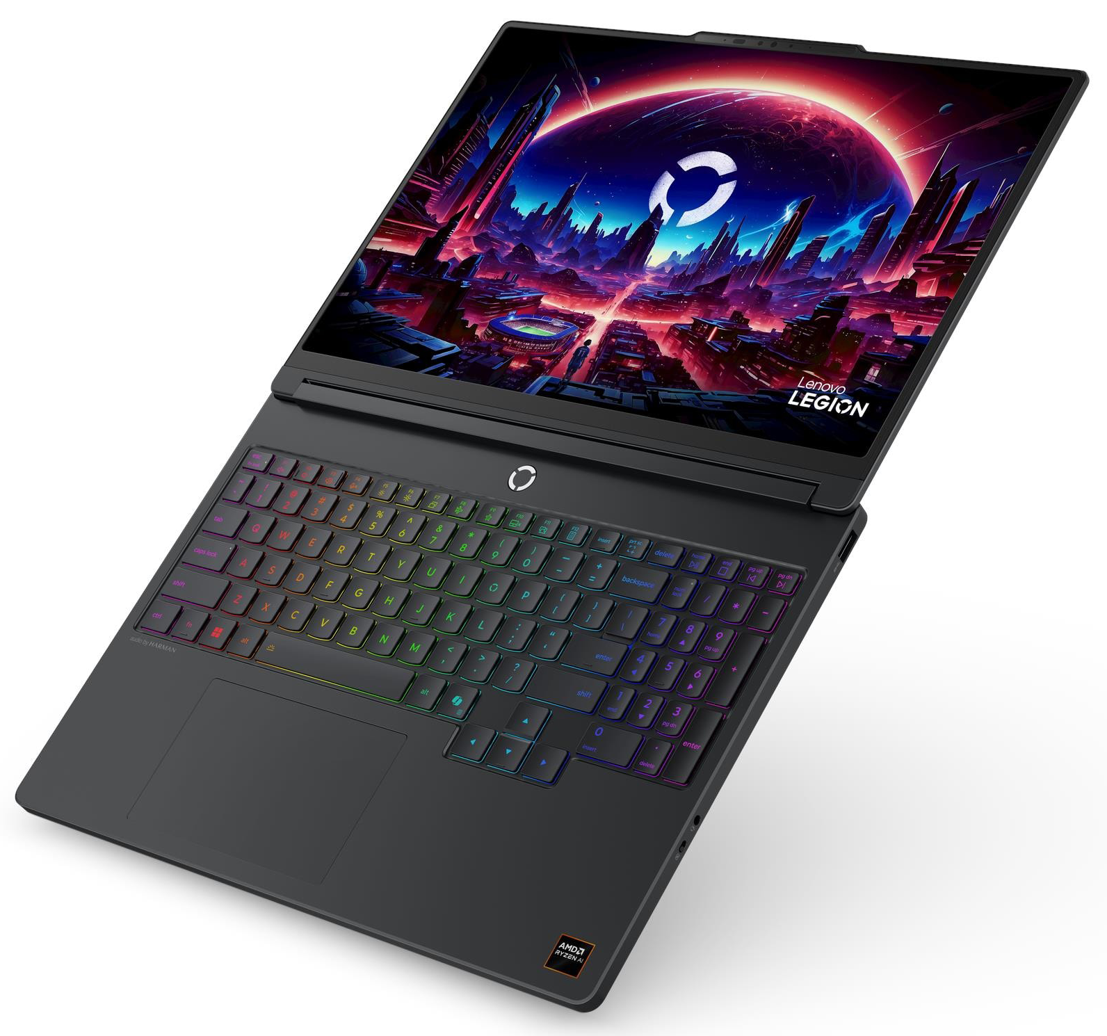 Egy sötétszürke Lenovo Legion laptop élénk, futurisztikus városi háttérképpel a képernyőjén.