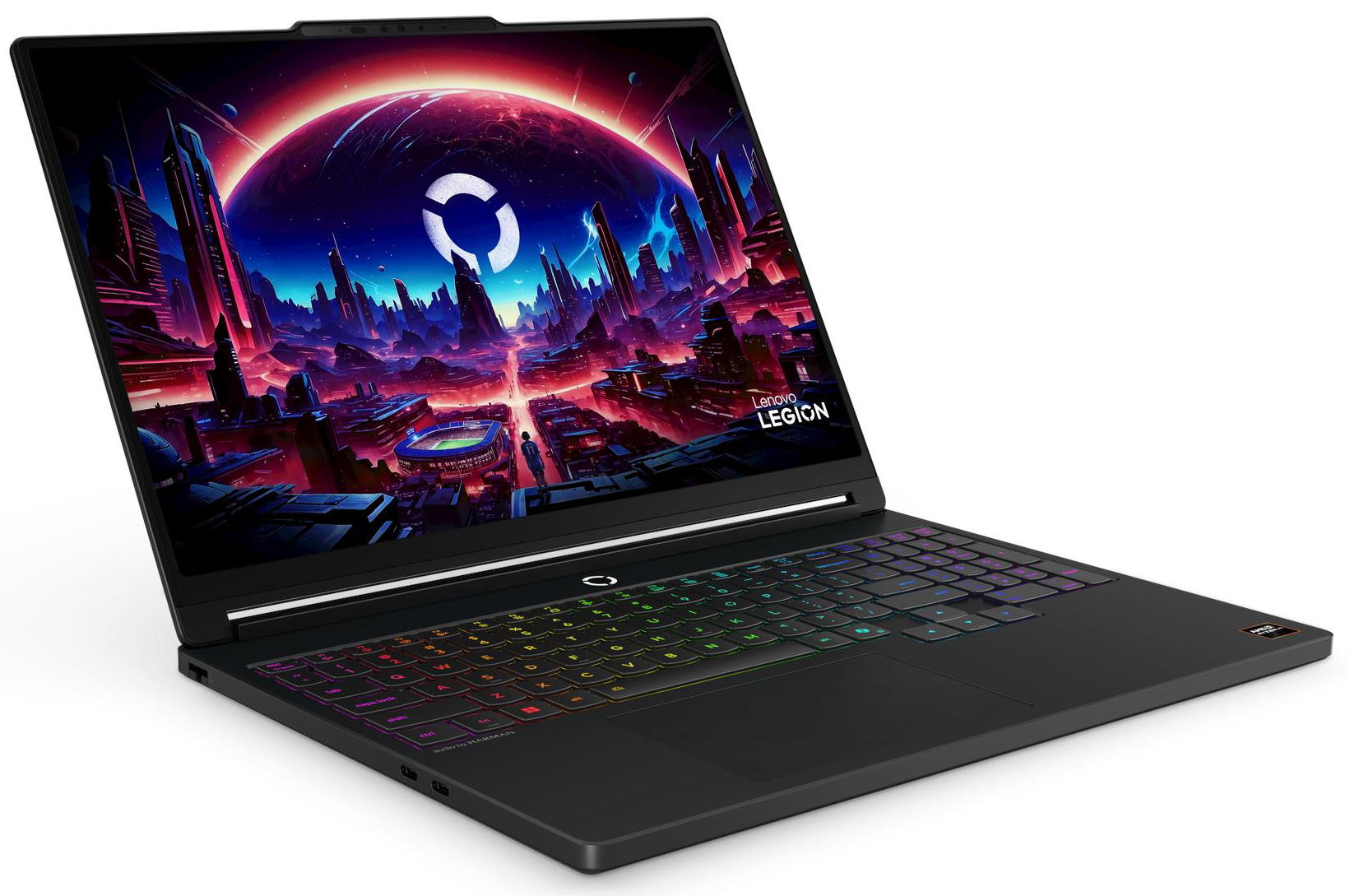 Fekete laptop színes, háttérvilágítású billentyűzettel és futurisztikus városkép a képernyőn.