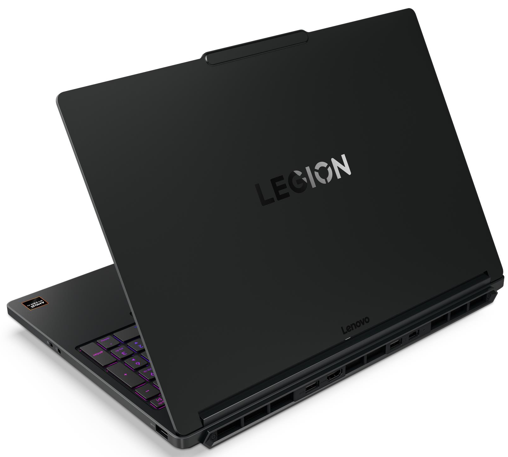 Fekete Lenovo Legion laptop világító billentyűzettel és AMD Ryzen AI logóval.