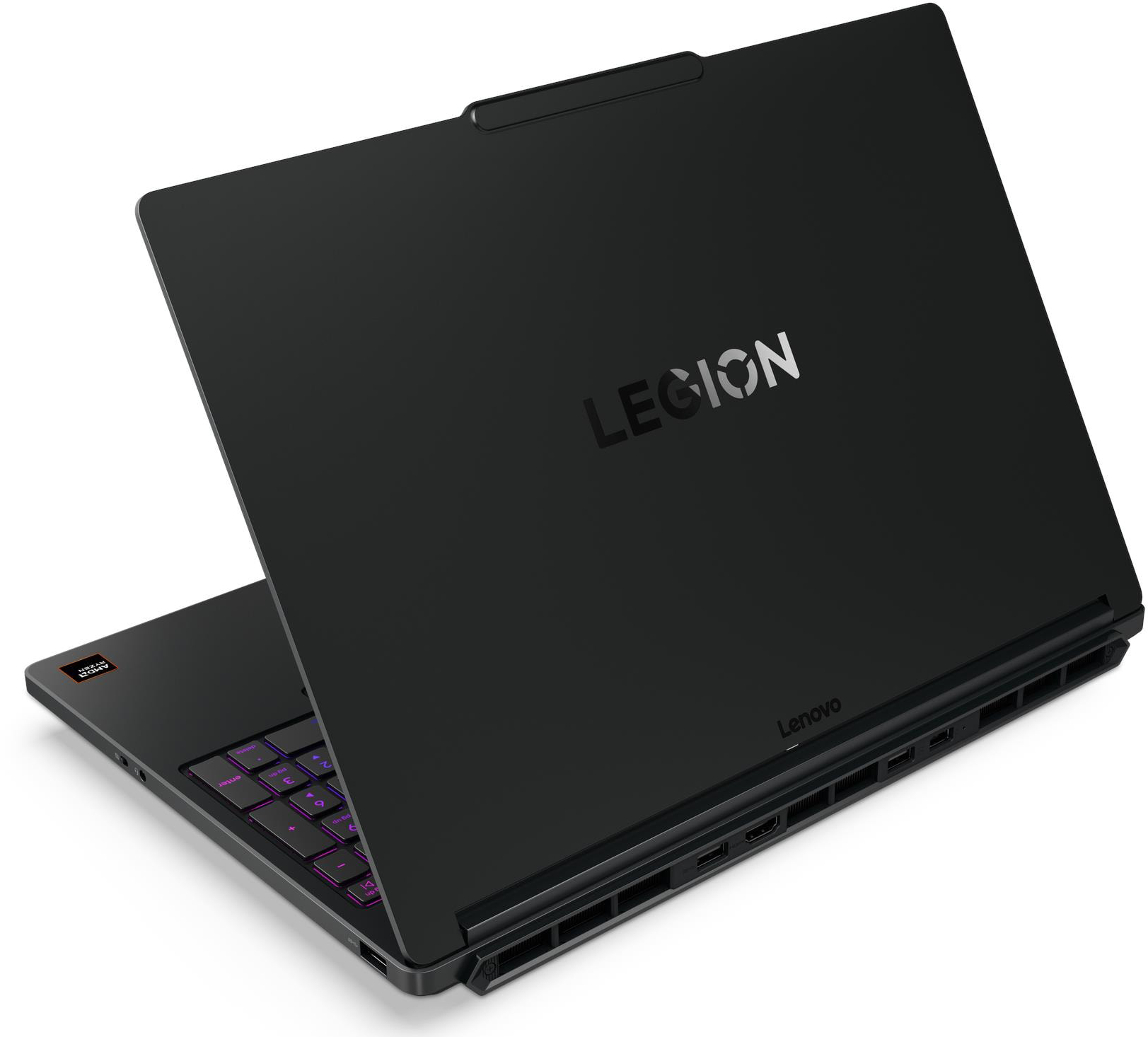 Fekete Lenovo Legion laptop megvilágított billentyűzettel és AMD Ryzen matricával.