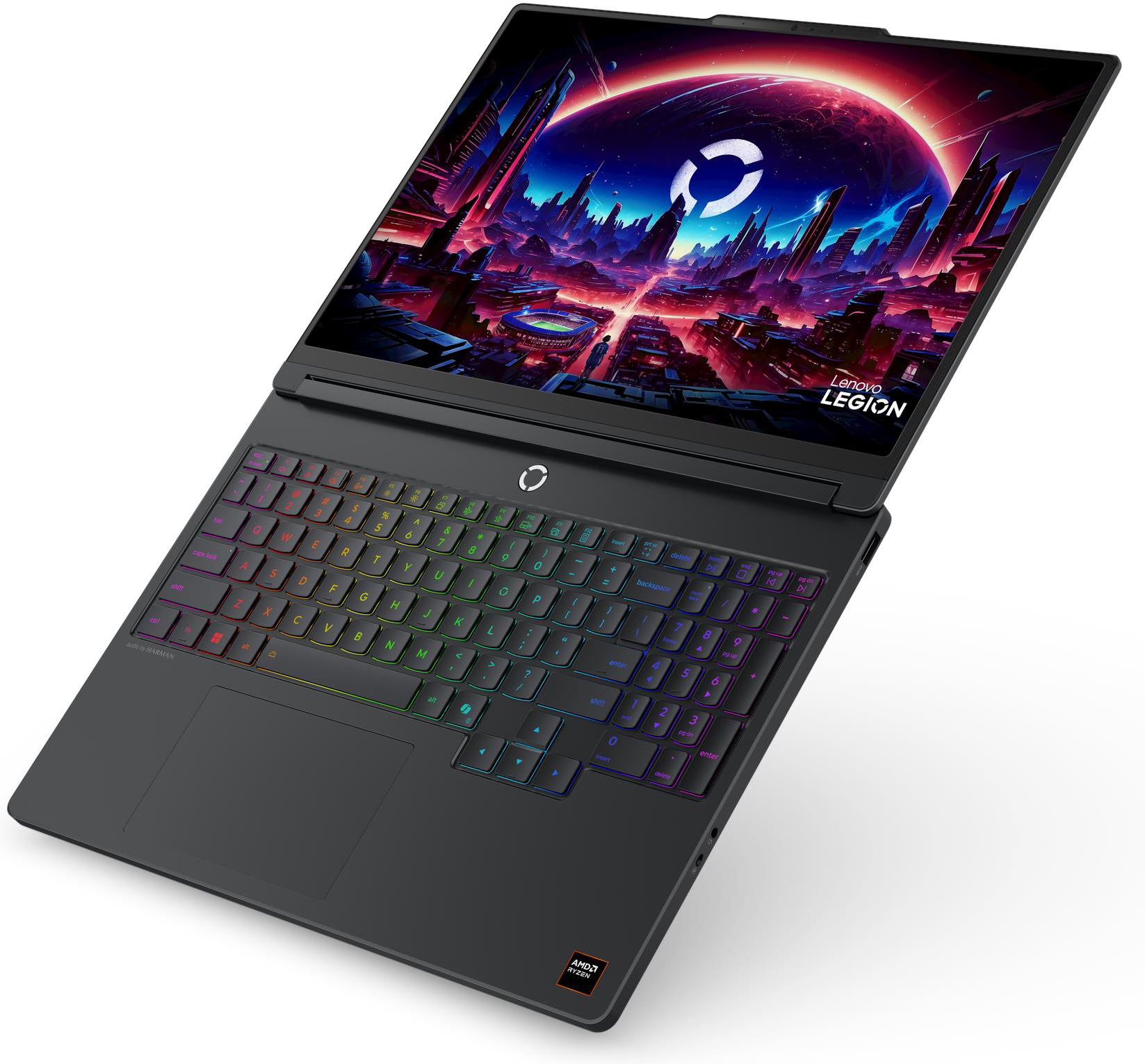 Egy fekete laptop háttérvilágítású billentyűzettel és futurisztikus asztali háttérrel.