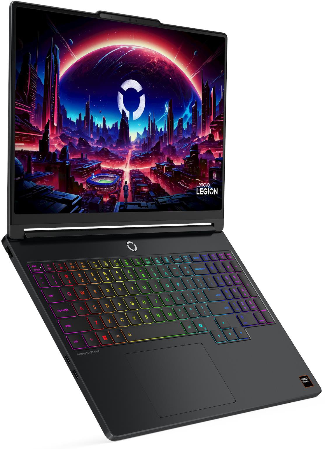 Egy nyitott Lenovo Legion laptop színes, háttérvilágítású billentyűzettel és futurisztikus háttérképpel.