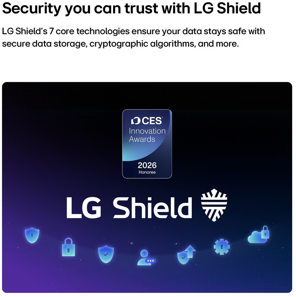 LG Shield logó CES 2026 Innovációs Díjjal. Alatta biztonsági ikonok.
