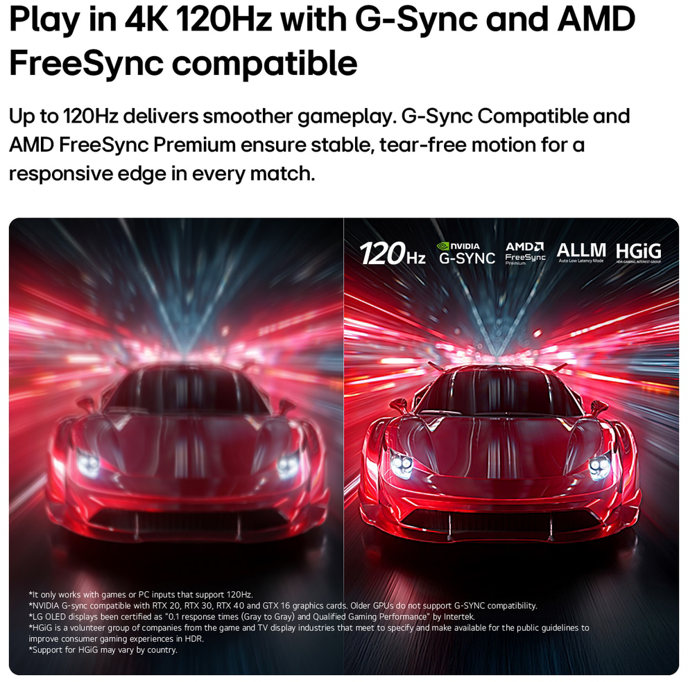 Két piros versenyautó elmosódott úton fényeffektekkel. G-Sync és FreeSync.