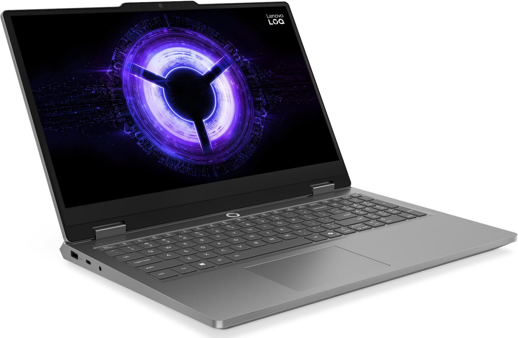 Szürke Lenovo laptop neonlila körrel a képernyőn.
