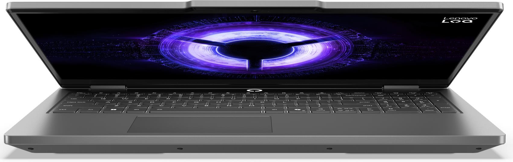 Egy szürke Lenovo LOQ gamer laptop, képernyőjén világító lila logóval.