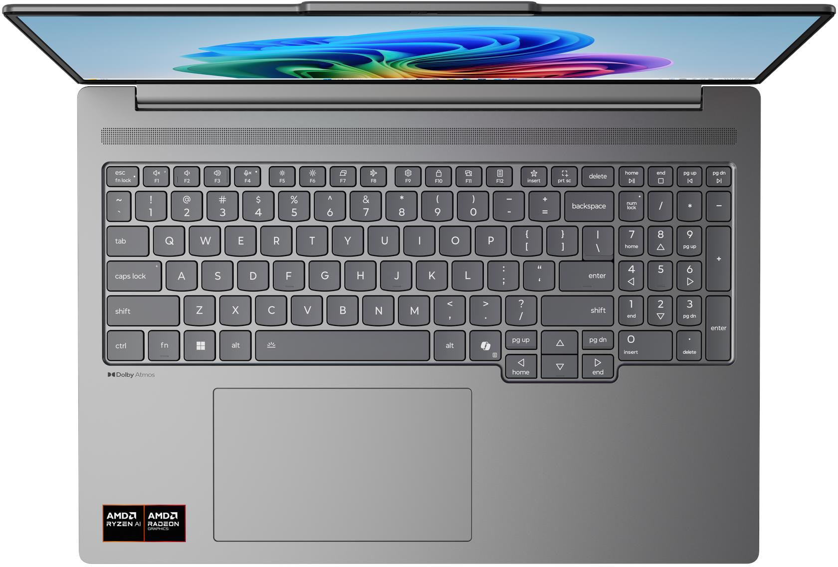 Egy szürke laptop nyitva van, színes háttérképet mutatva a képernyőjén és egy teljes billentyűzetet.