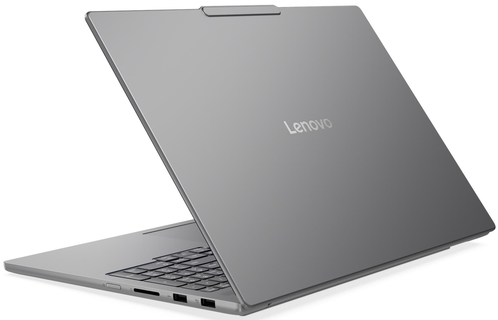 Egy szürke Lenovo laptop, félig nyitva, billentyűzetet és portokat mutatva.