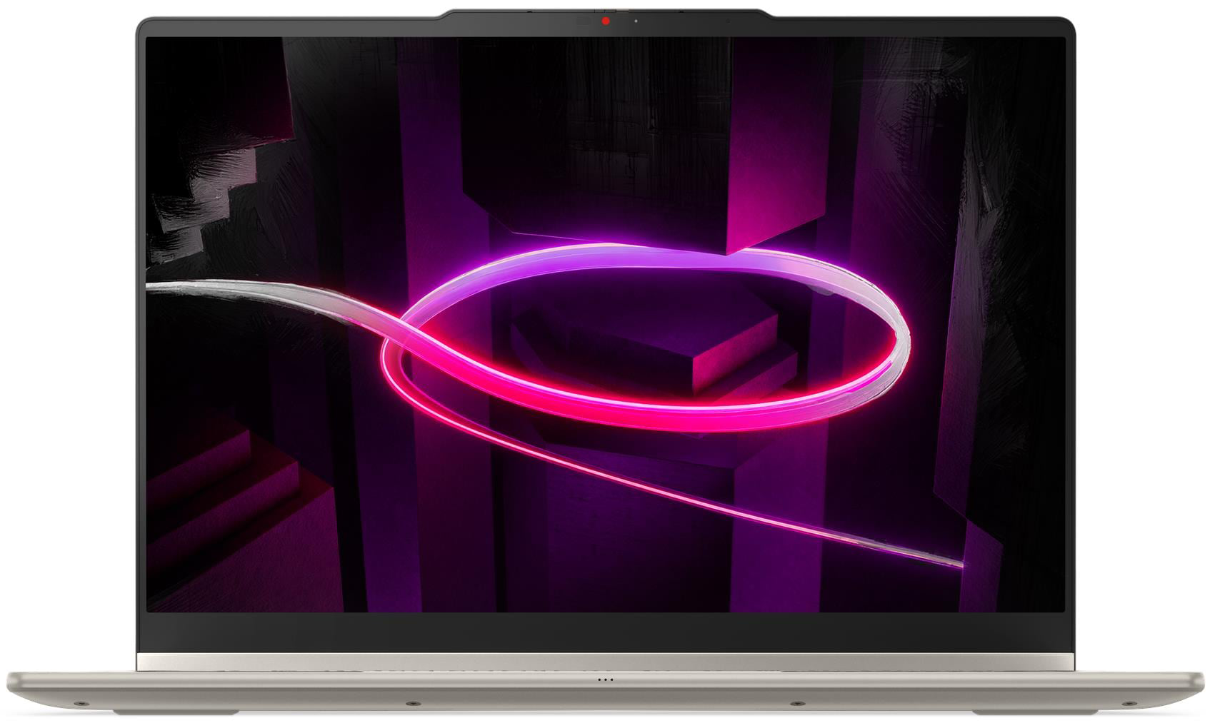 Egy laptop absztrakt lila háttérrel és neonfény csíkkal.