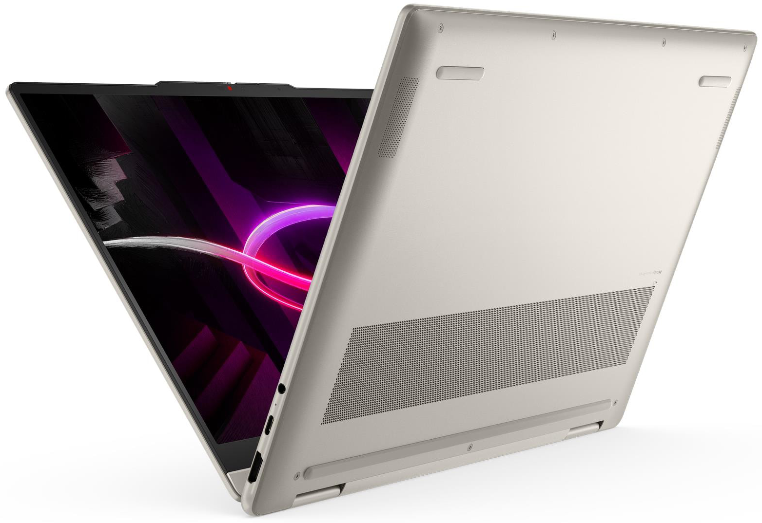 Zárt, világos arany laptop, lila és rózsaszín vonalakkal a képernyőn.