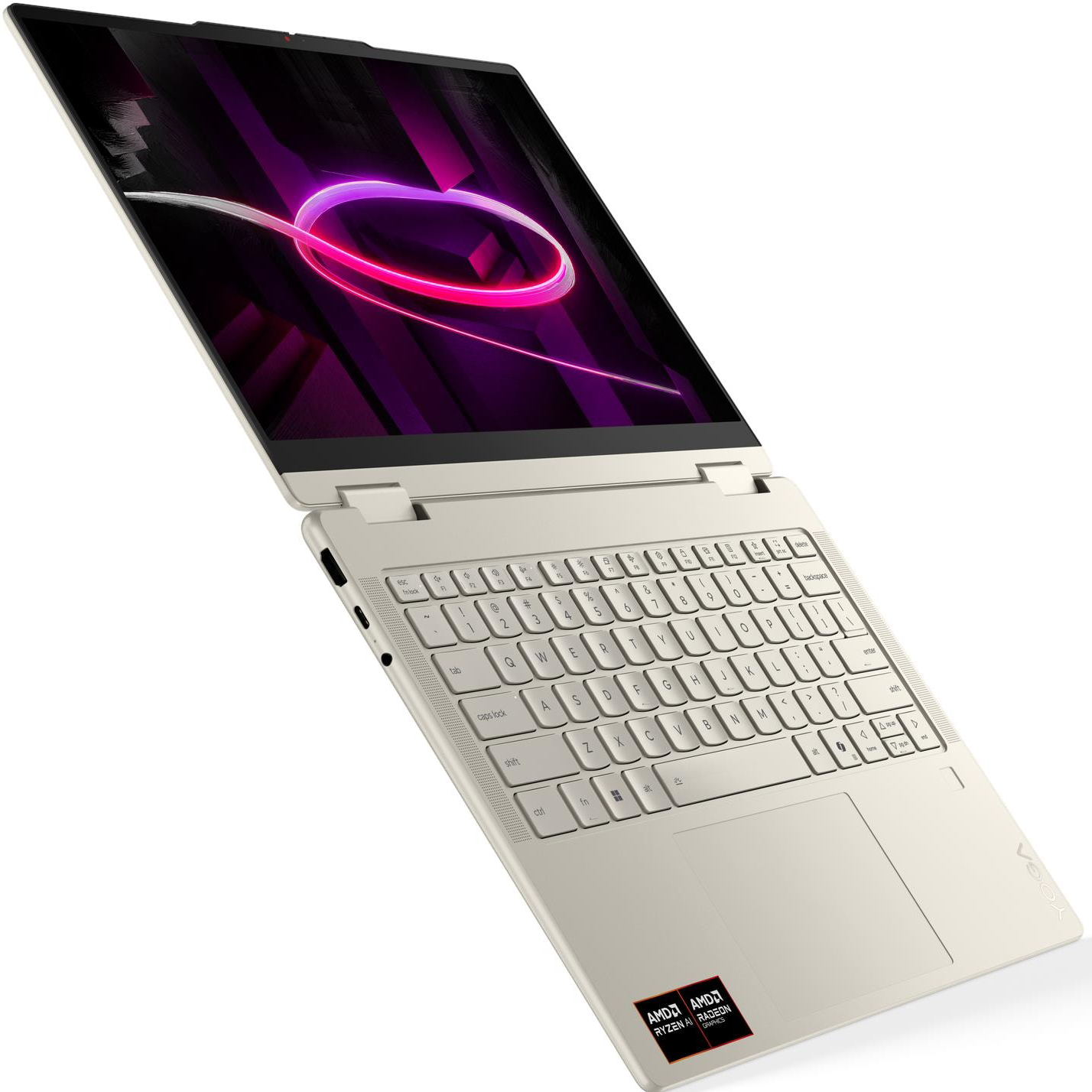 Egy világos bézs laptop nyitva, lila-rózsaszín képernyőháttérrel.