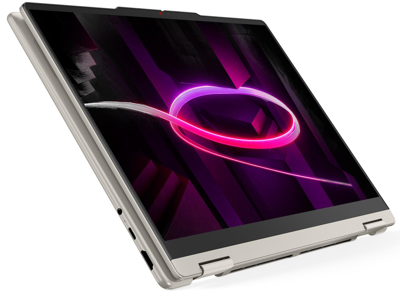 Egy világosszürke laptop, amelynek képernyőjén lila és rózsaszín világító kör látható.