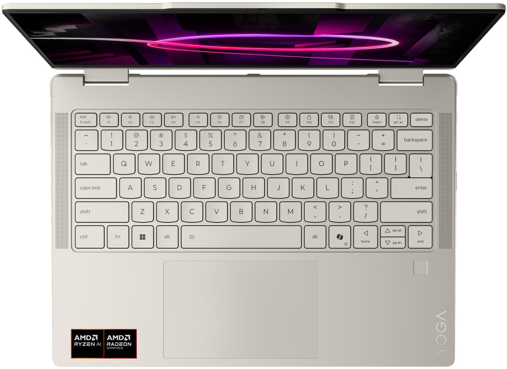 Nyitott laptop ezüst billentyűzettel és érintőpaddal. AMD Ryzen AI matricák.
