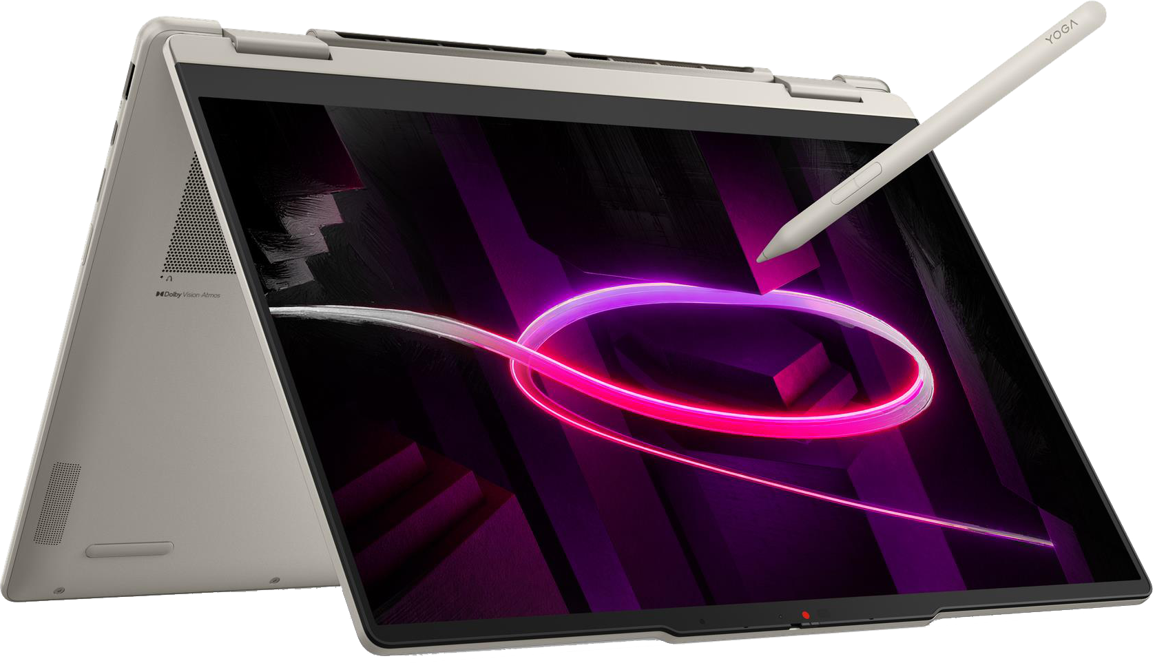 Ezüst laptop érintőtollal a képernyőn, lila gyűrűt mutatva.