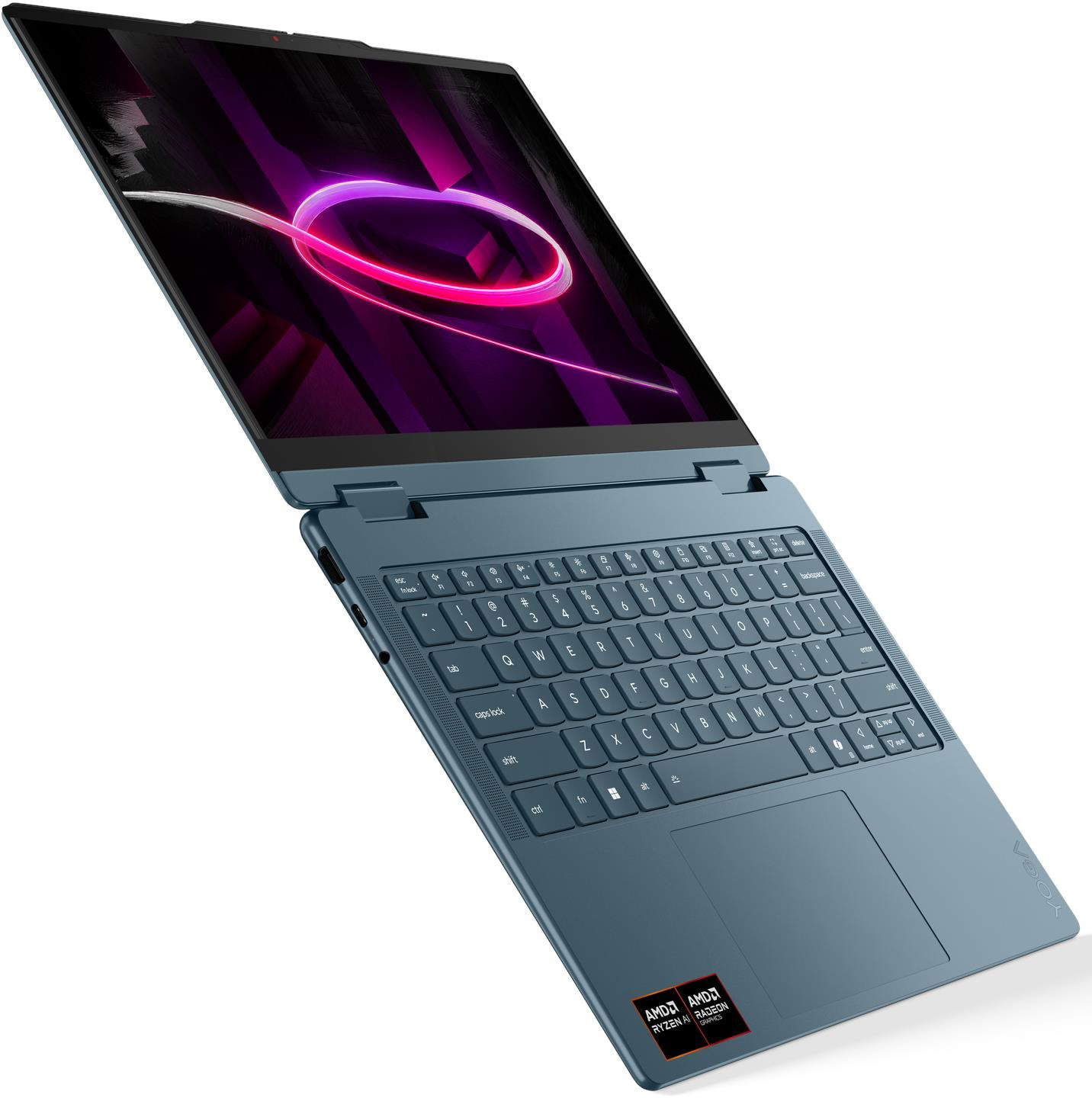 Egy kék laptop világító billentyűzettel és absztrakt háttérrel.