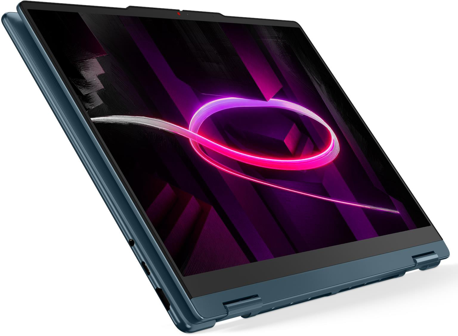 Egy kék laptop, amelynek képernyőjén élénk, neon színű kör látható.