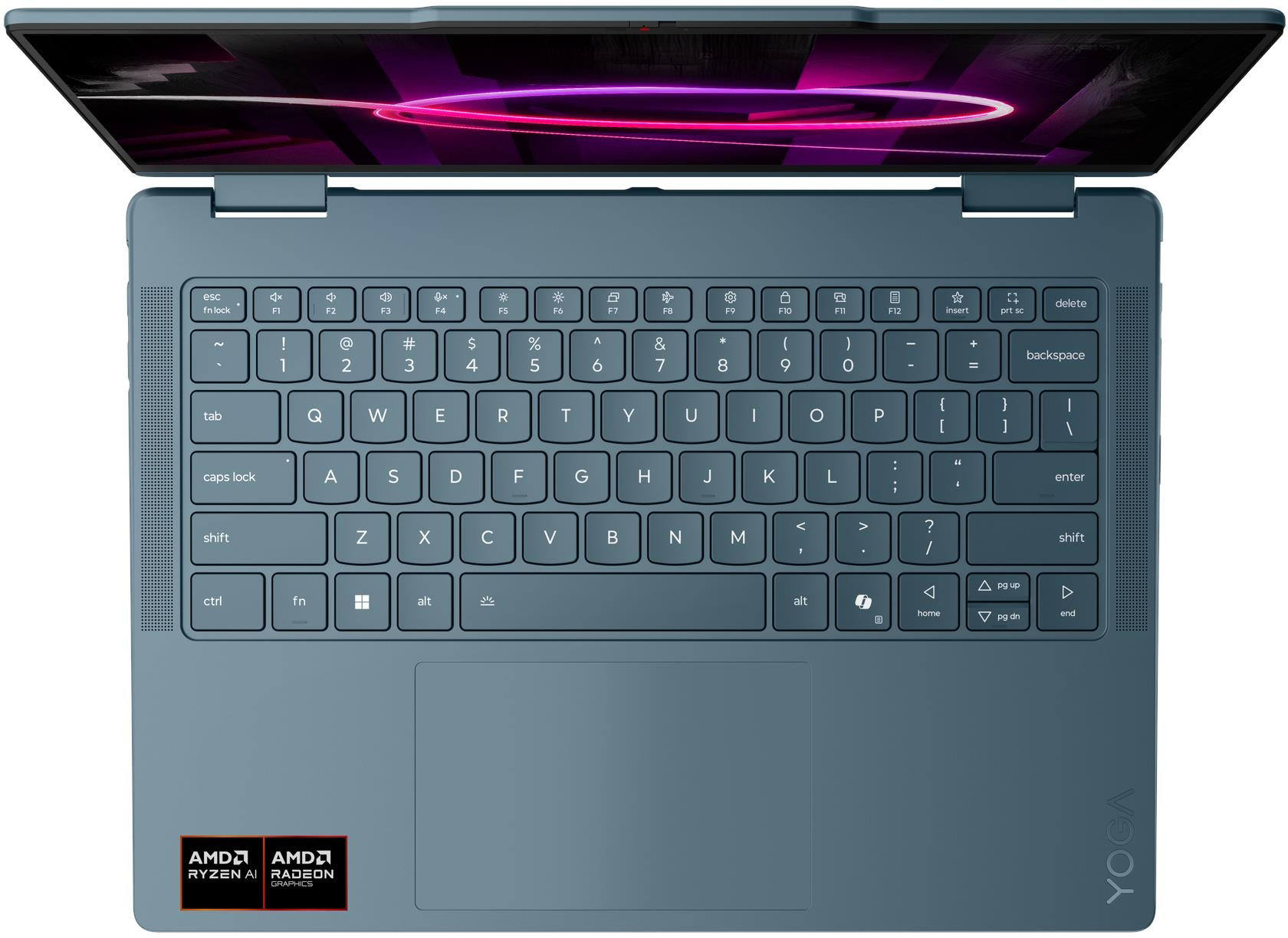 Egy kék laptop nyitott képernyővel, színes grafikát jelenít meg.