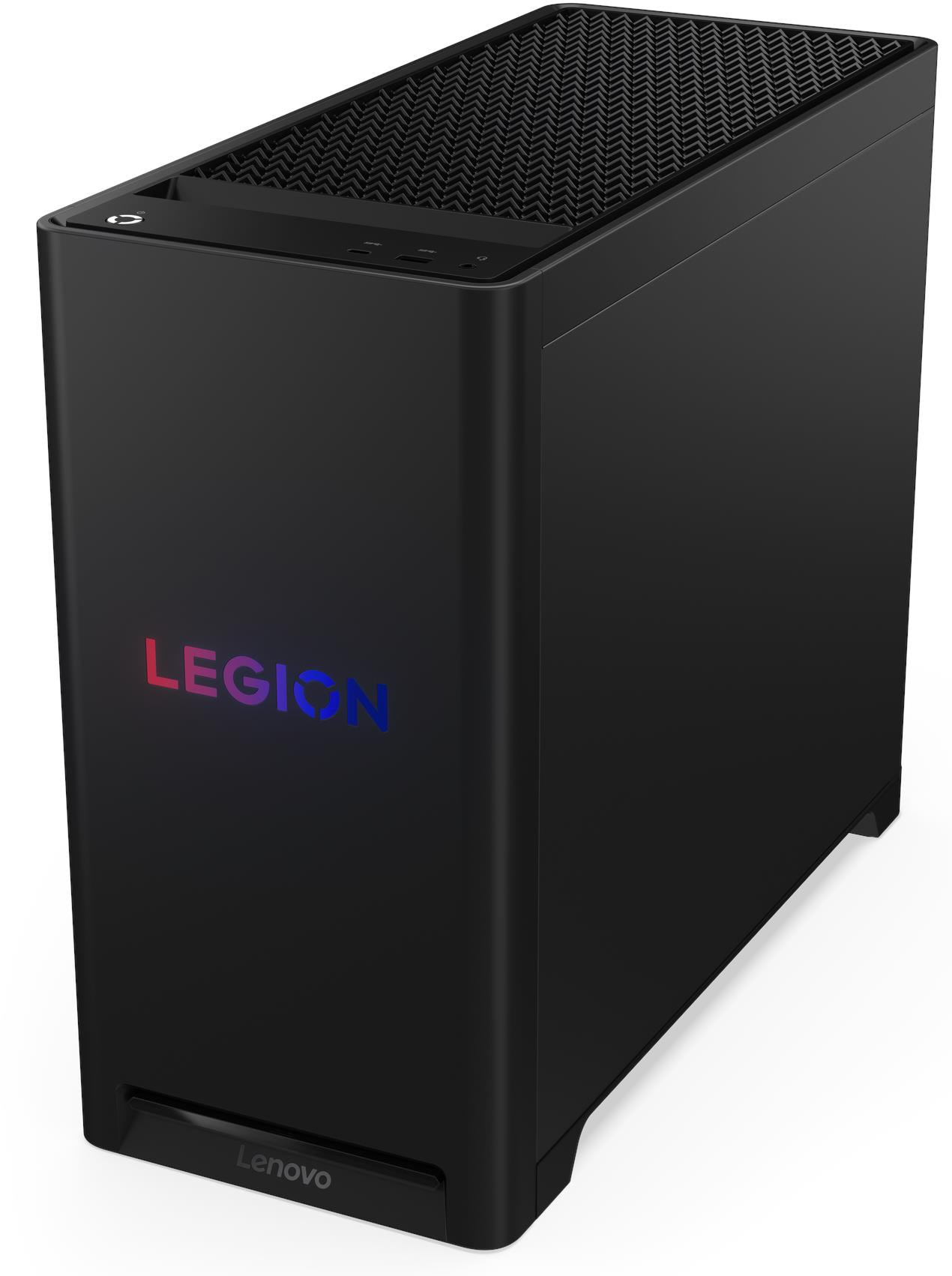 Egy fekete Lenovo Legion PC torony szellőzőráccsal és világító logóval.
