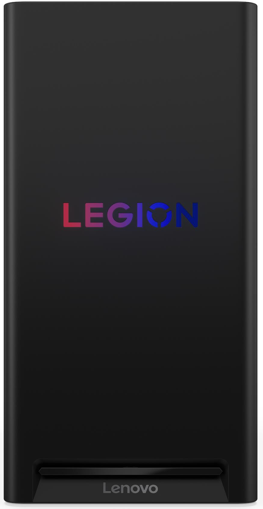 Fekete Lenovo Legion eszköz színátmenetes logóval és Lenovo felirattal alul.