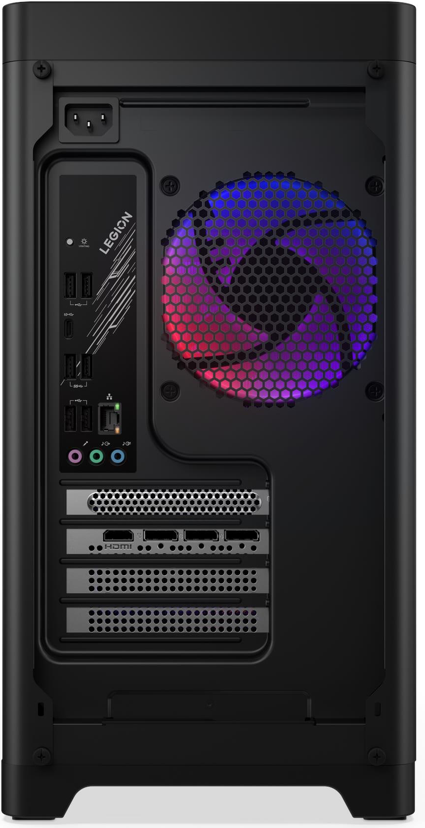 Fekete PC hátulja portokkal és piros/kék világítású ventilátorral.