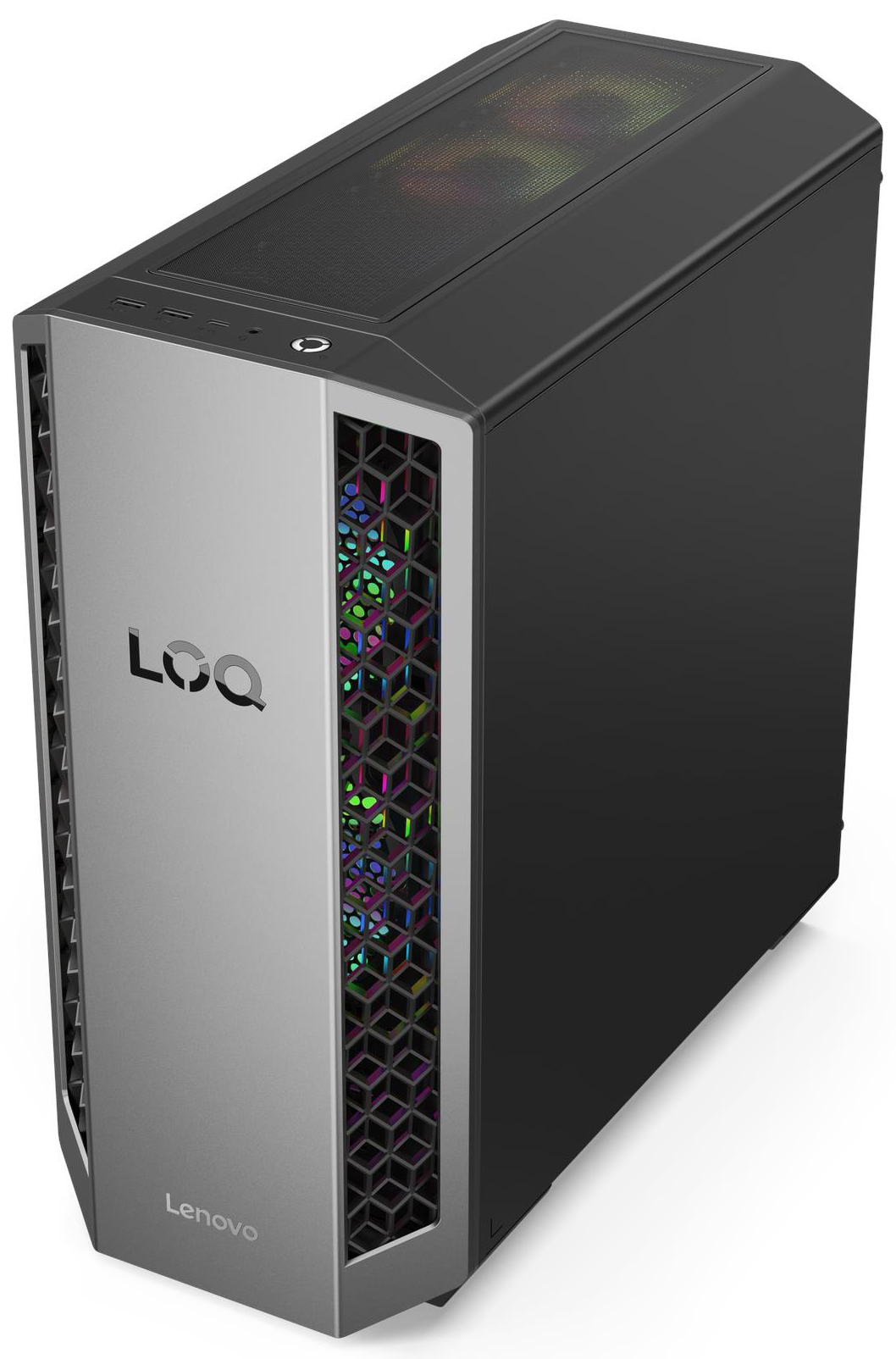 Egy fekete Lenovo gamer PC ezüst előlappal és RGB világítással.