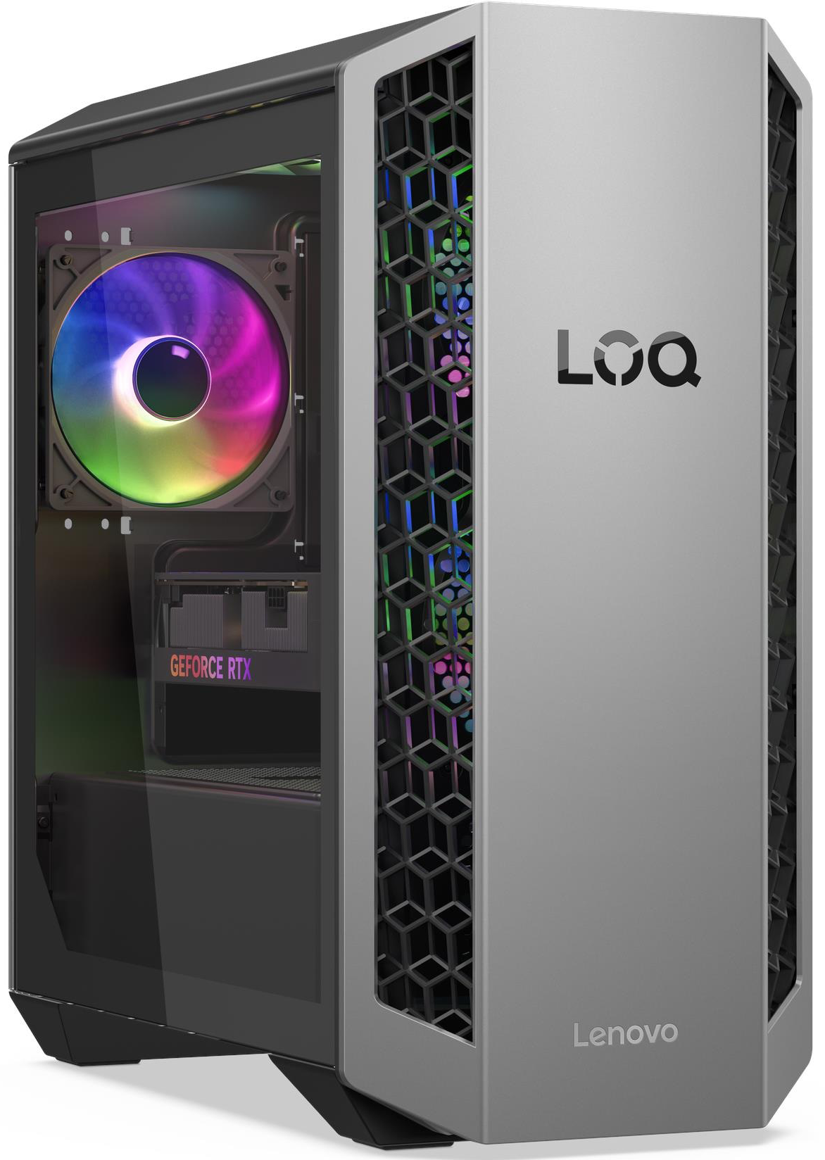 Ezüst PC torony RGB ventilátorral és látható GeForce RTX grafikus kártyával.
