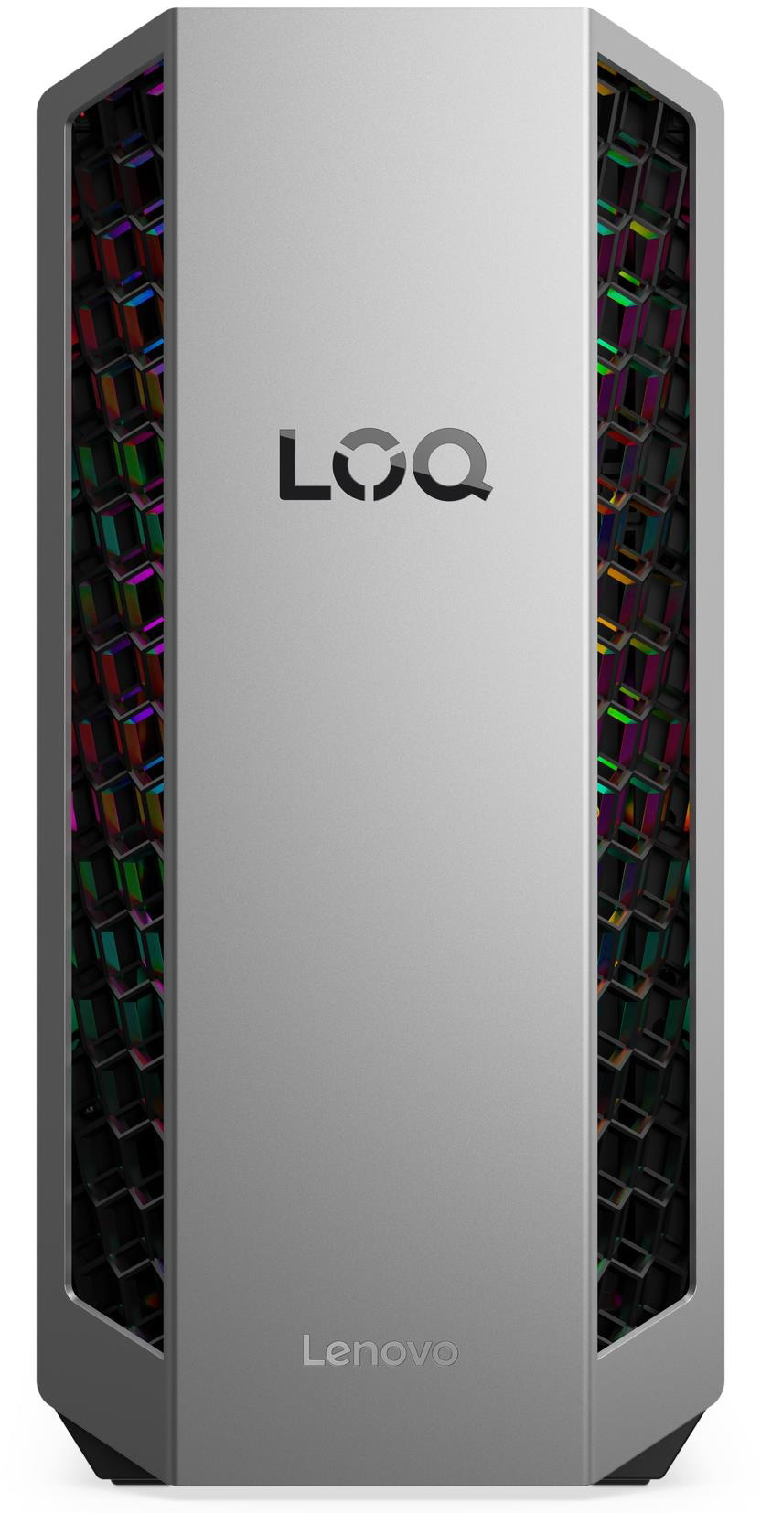 Ezüst gamer PC LOQ és Lenovo logóval, színes geometrikus szellőzőkkel.