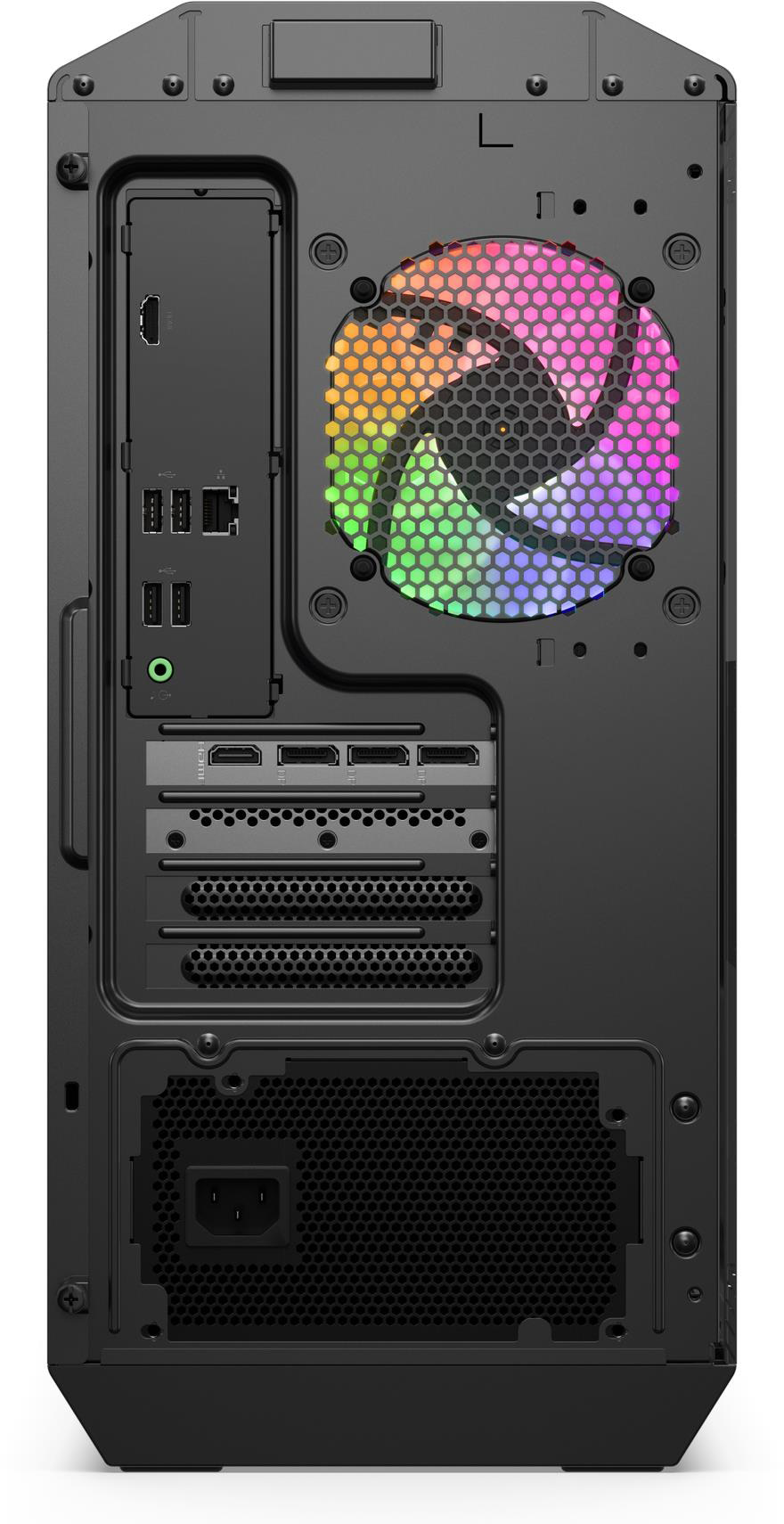 Egy fekete PC hátulja portokkal és színes ventilátorral.