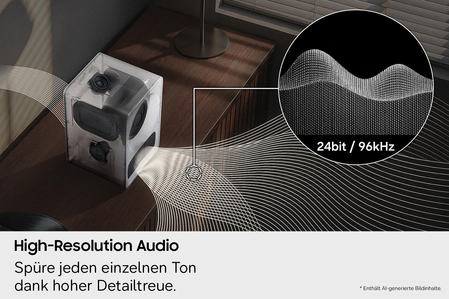 Transparenter Lautsprecher mit Schallwellen und Frequenzdiagramm 24bit/96kHz.