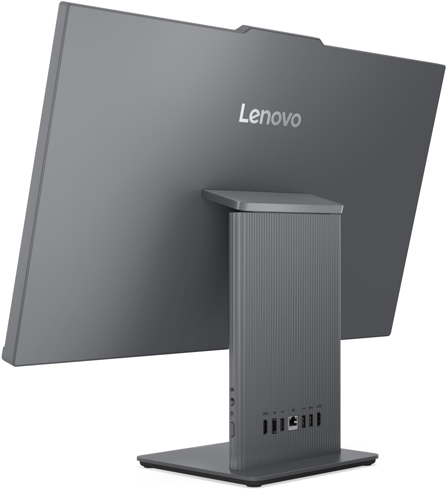 Szürke Lenovo all-in-one számítógép hátulnézete portokkal.