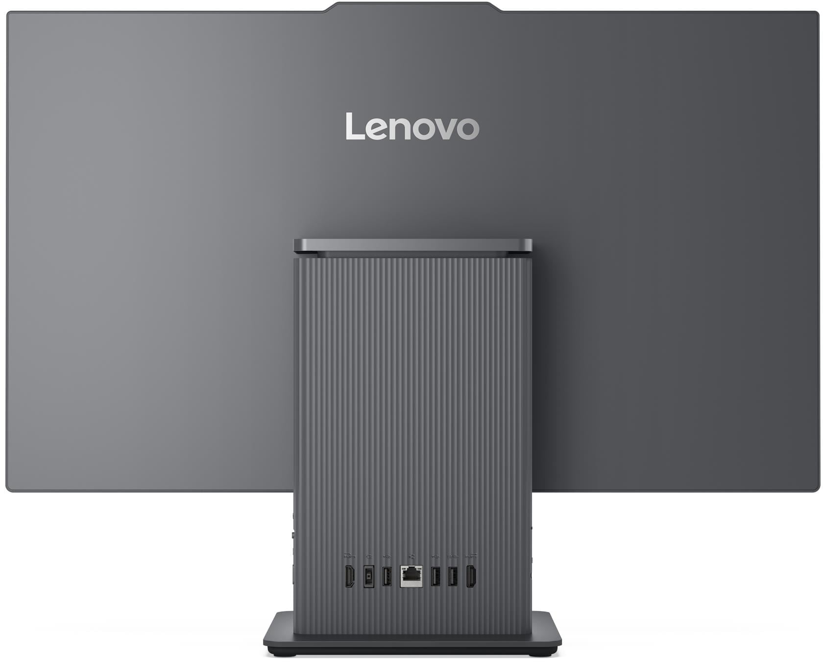 Szürke Lenovo all-in-one számítógép hátulnézete portokkal.