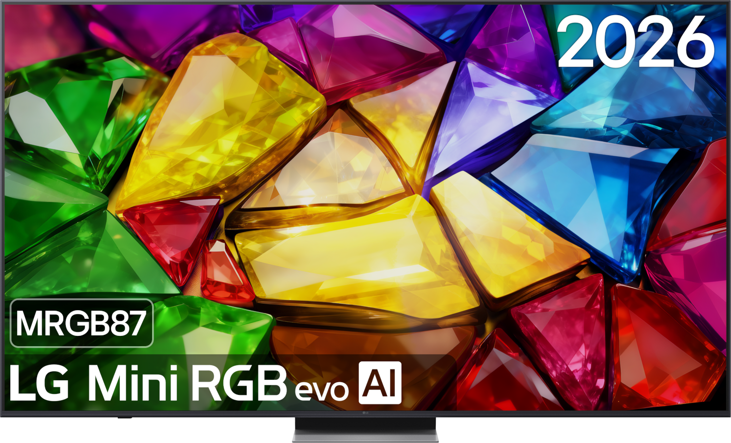 LG Mini RGB evo AI TV toont levendige, gefacetteerde edelstenen in diverse kleuren. Jaar 2026.