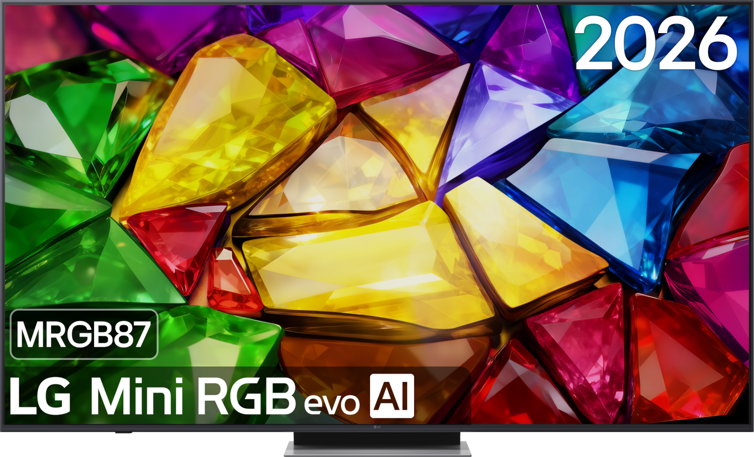 LG TV toont kleurrijke edelstenen en tekst "2026 LG Mini RGB evo AI".