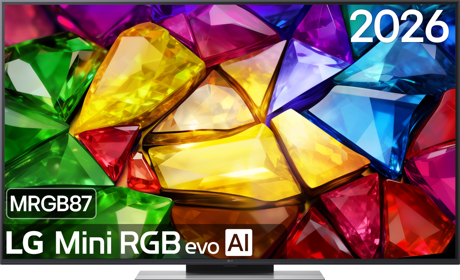 Fond de pierres précieuses colorées avec « 2026 » et « LG Mini RGB evo AI ».