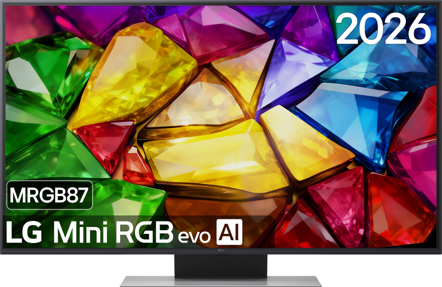 LG Mini RGB evo AI TV met "2026" en kleurrijke edelstenen