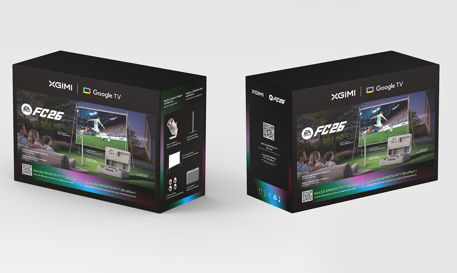 EA FC 24'lü XGIMI ve Google TV kutuları; aileler büyük ekranda futbol izliyor.
