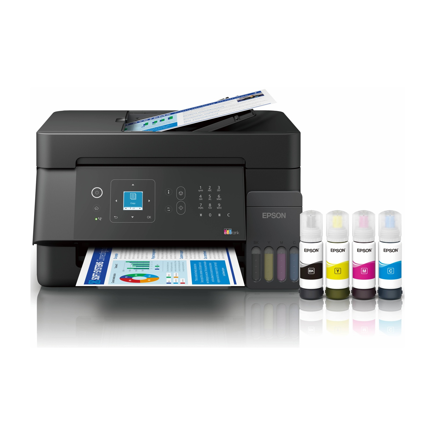 Una stampante Epson EcoTank nera con quattro flaconi d'inchiostro BK, Y, M, C.