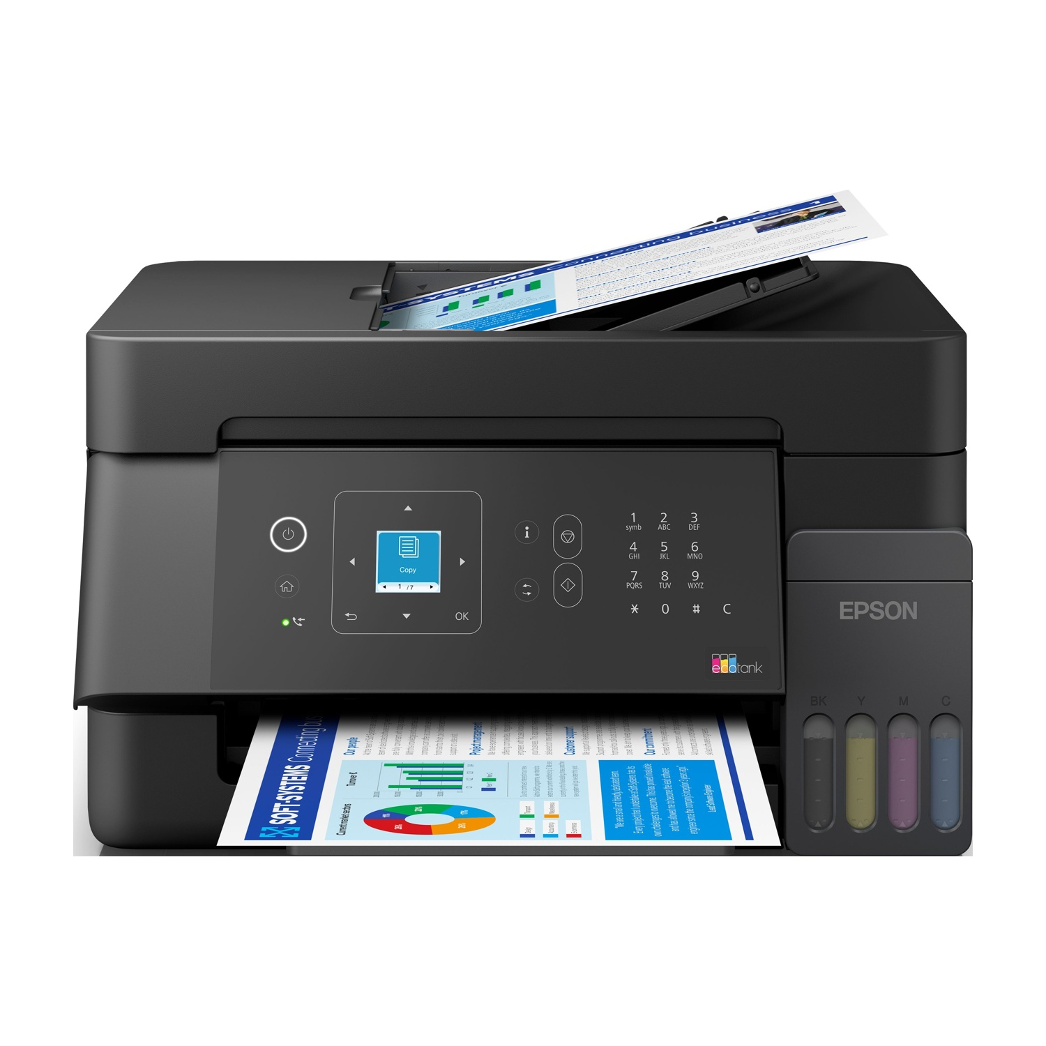 Una stampante Epson EcoTank nera con serbatoi d'inchiostro e documenti stampati.
