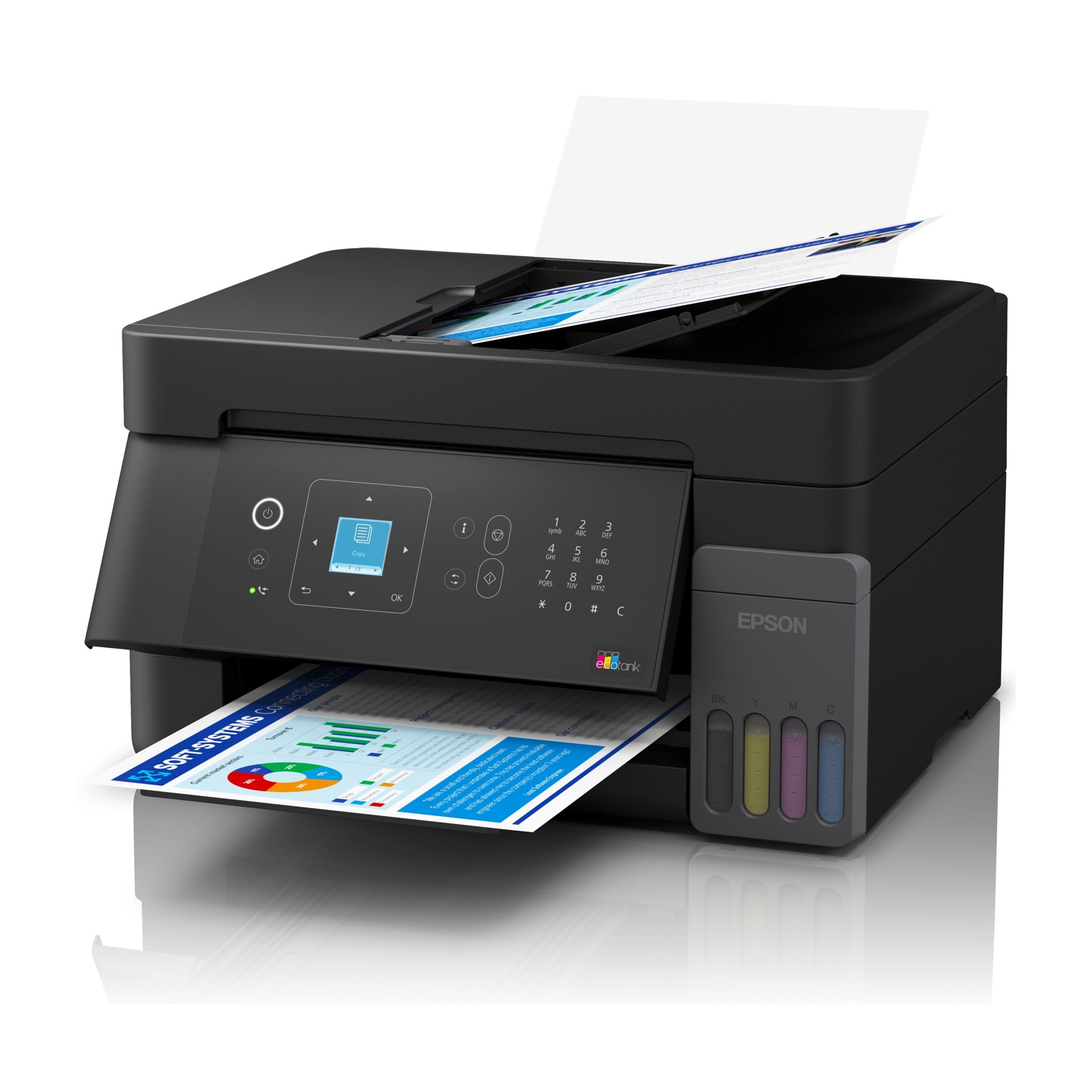 Stampante Epson EcoTank nera con documenti nel vassoio e sullo scanner.