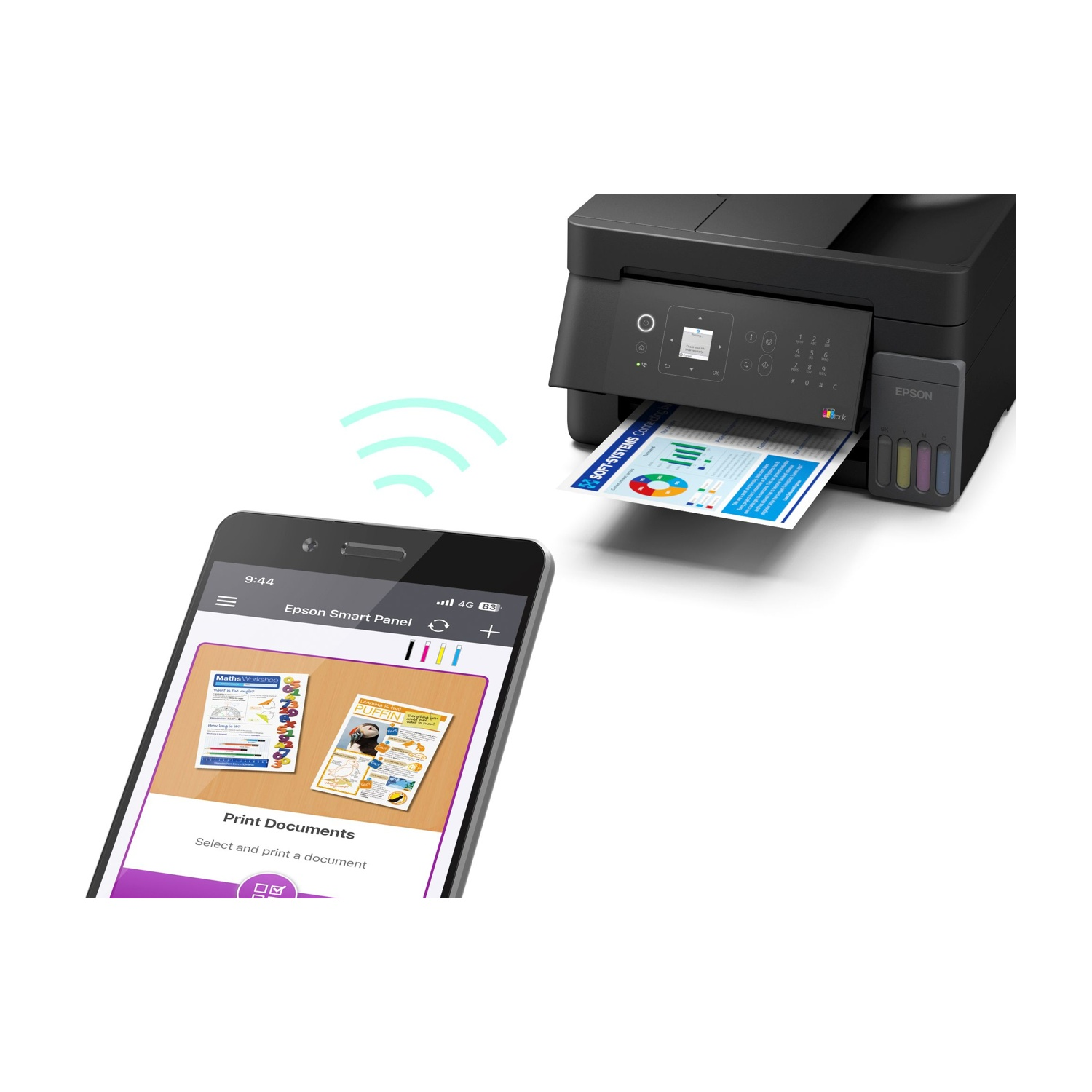 Uno smartphone si collega in modalità wireless a una stampante che stampa un documento.