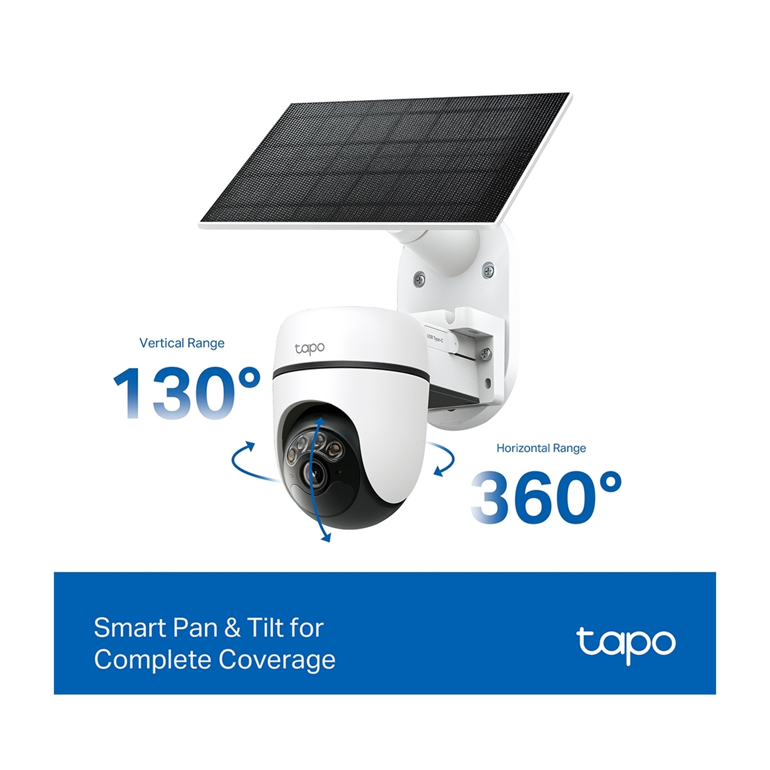 Telecamera Tapo bianca con pannello solare, 130° verticale, 360° orizzontale.